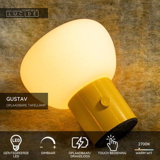 GUSTAV - Oplaadbare Tafellamp - Accu/Batterij - Ø 8 cm - LED Dimb. - 1x0,8W 2700K - Geel | Essential