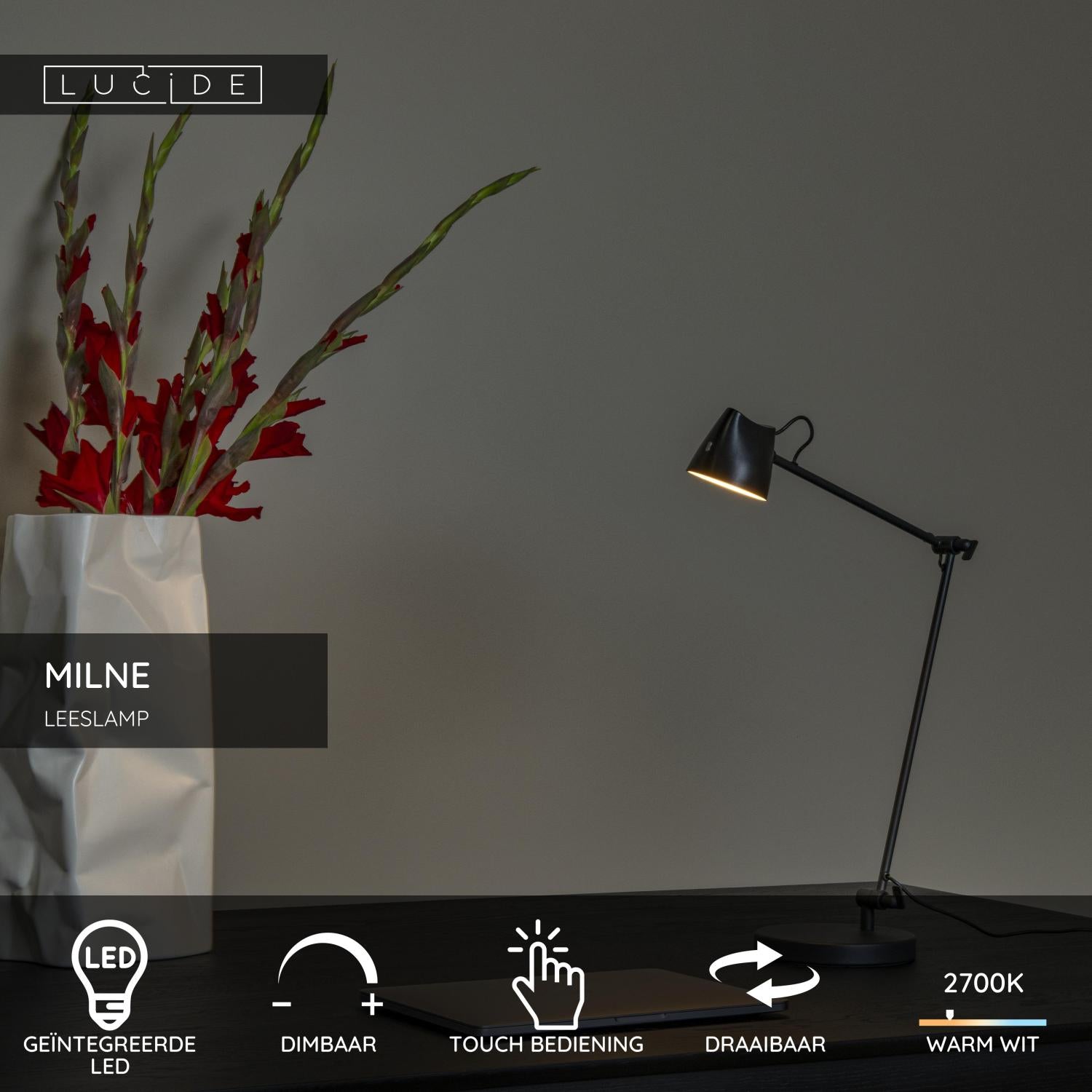 MILNE - Leeslamp - LED Dimb. - 1x8W 2700K - Zwart