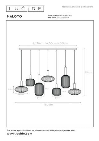 MALOTO - Pendant light - 7xE27 - Amber