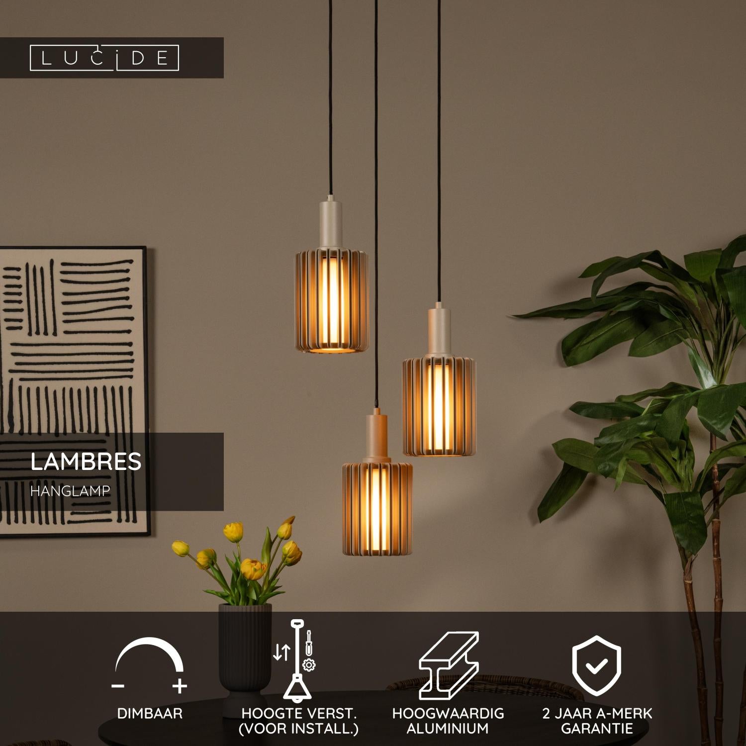 LAMBRES - Suspension - 3xE27 - Taupe