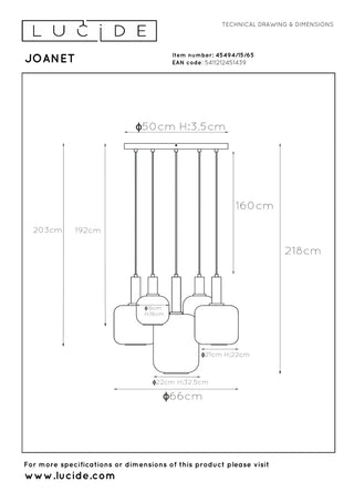 JOANET - Hanglamp - Ø 66 cm - 5xE27 - Fumé
