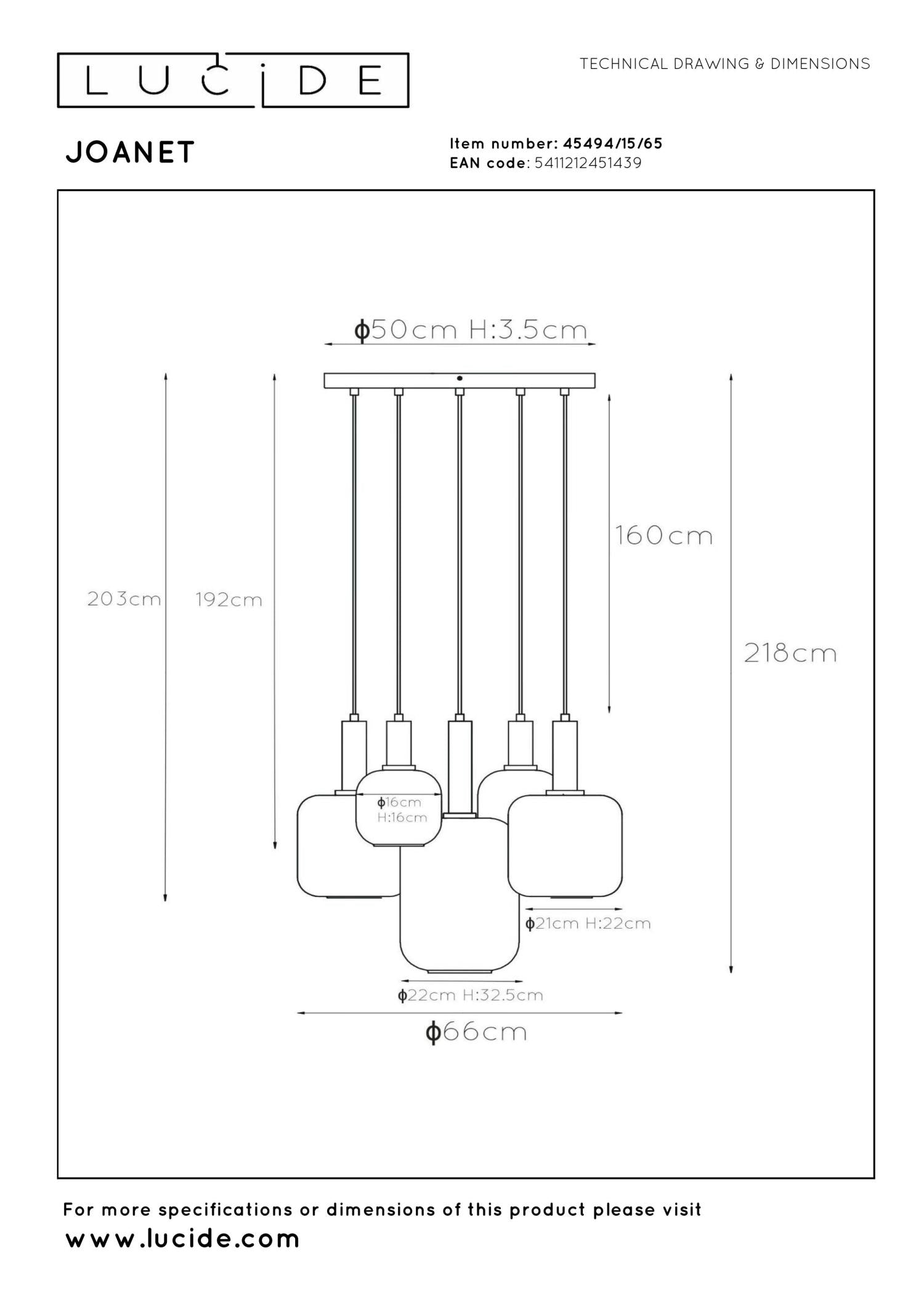 JOANET - Hanglamp - Ø 66 cm - 5xE27 - Fumé