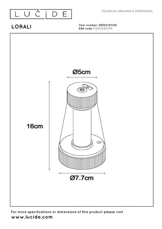 LORALI - Rechargeable table lamp Indoor/Outdoor - Battery - Ø 7.7 cm - LED Dimmable - 1x1.2W 2600K/3000K - IP44 - Black
