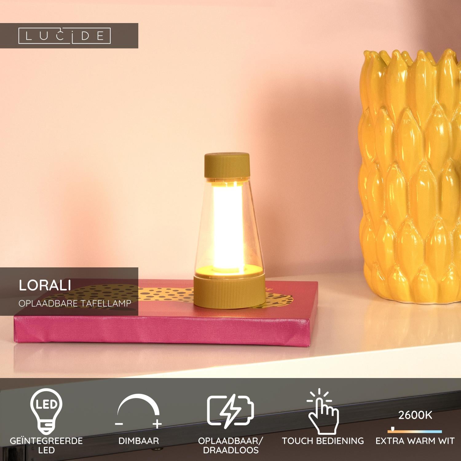 LORALI - Oplaadbare Tafellamp Binnen/Buiten - Accu/Batterij - Ø 7,7 cm - LED Dimb. - 1x1,2W 2600K/3000K - IP44 - Okergeel