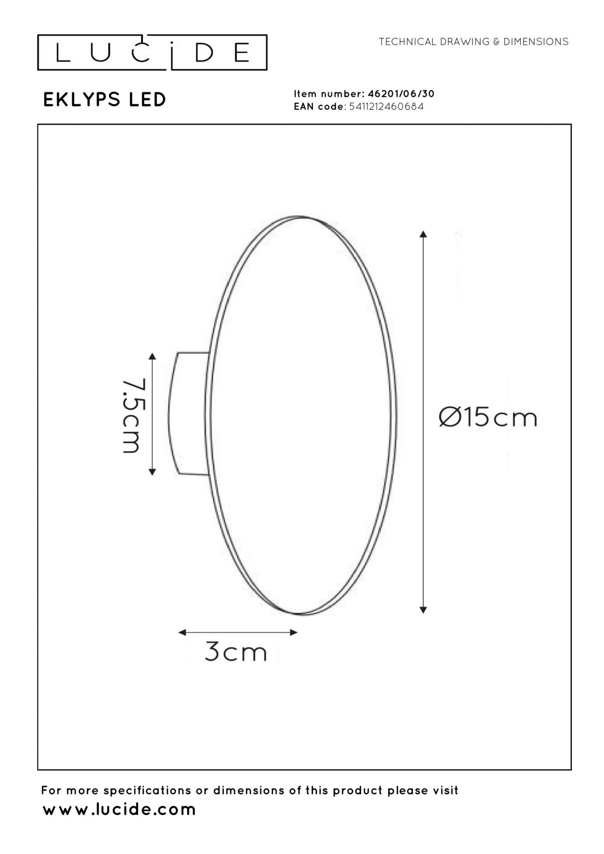 EKLYPS LED - Applique murale - Ø 15 cm - LED - 1x7W 3000K - Noir