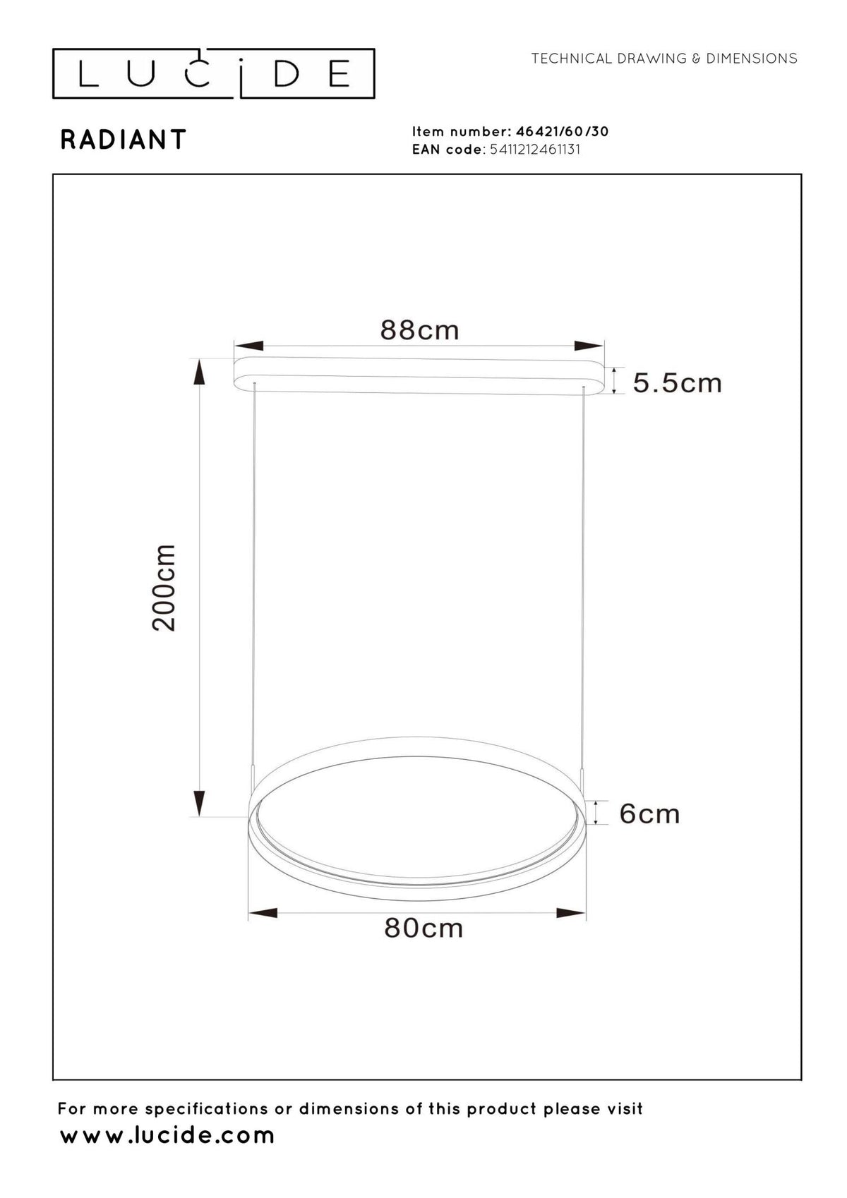 Lucide - RADIANT - Pendant light - LED Dimmable - CCT - 1x60W 2200K/4000K - Black - IP20