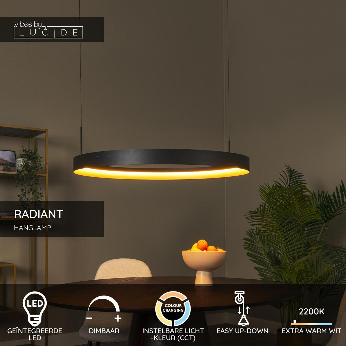 Lucide - RADIANT - Hanglamp - LED Dimb. - CCT - 1x60W 2200K/4000K - Zwart - IP20