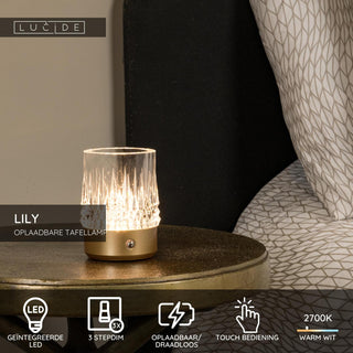 LILY - Oplaadbare Tafellamp - Accu/Batterij - Ø 8 cm - LED 3 StepDim - 1x3W 2700K/3000K - Mat Goud / Messing - Set van 3