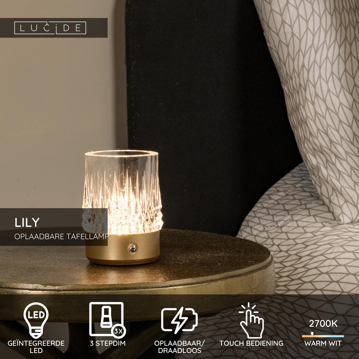 LILY - Oplaadbare Tafellamp - Accu/Batterij - Ø 8 cm - LED 3 StepDim - 1x3W 2700K/3000K - Mat Goud / Messing - Set van 3