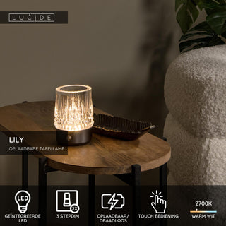 LILY - Oplaadbare Tafellamp - Accu/Batterij - Ø 8 cm - LED 3 StepDim - 1x3W 2700K/3000K - Zwart chroom - Set van 3
