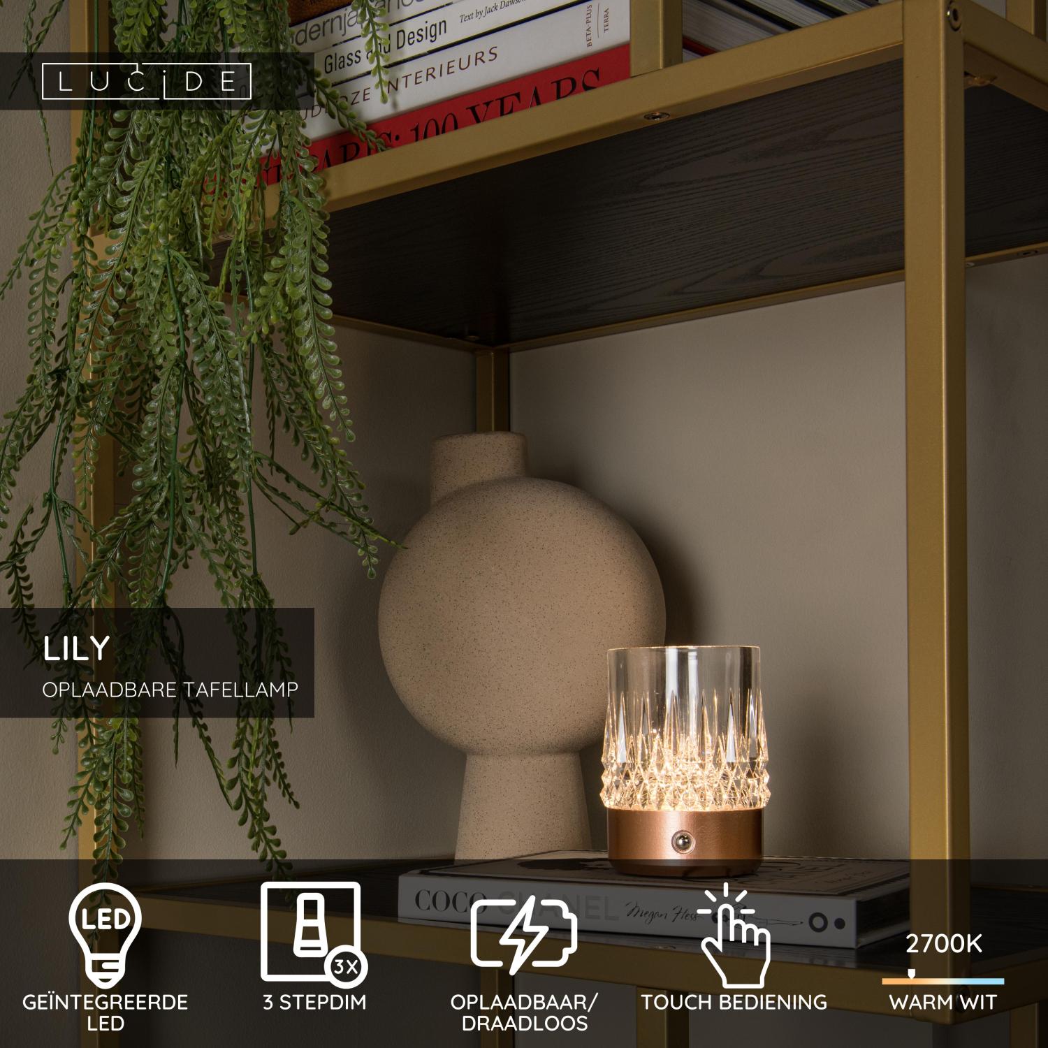 LILY - Oplaadbare Tafellamp - Accu/Batterij - Ø 8 cm - LED 3 StepDim - 1x3W 2700K/3000K - Koper - Set van 3