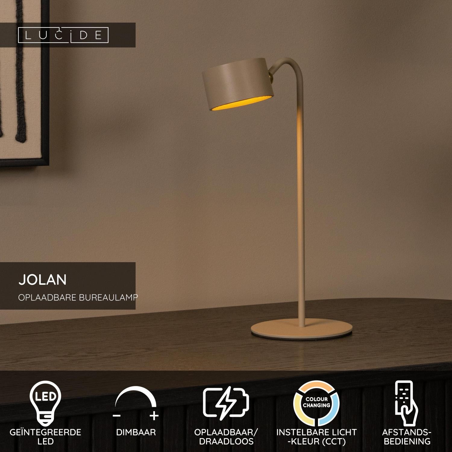 JOLAN - Oplaadbare Bureaulamp/Klemlamp/Wandlamp - Accu/Batterij - LED Dim to warm - 1x3,5W 2700K/5700K - Taupe