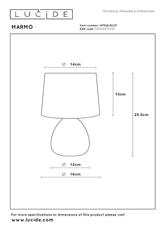 MARMO - Tafellamp - Ø 16 cm - 1xE14 - Wit