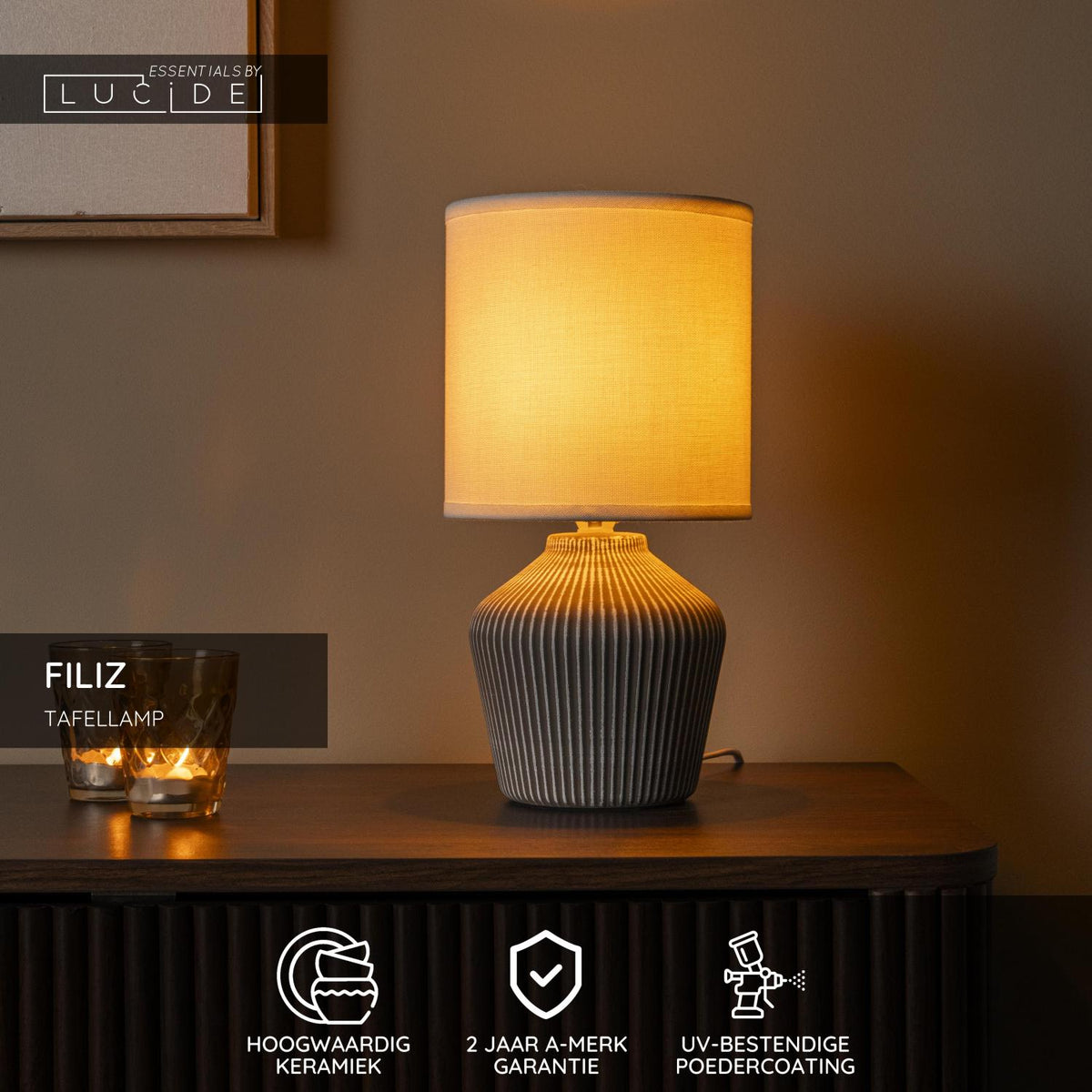 Lucide - FILIZ - Tafellamp - Ø 16 cm - 1xE14 - Taupe - IP20