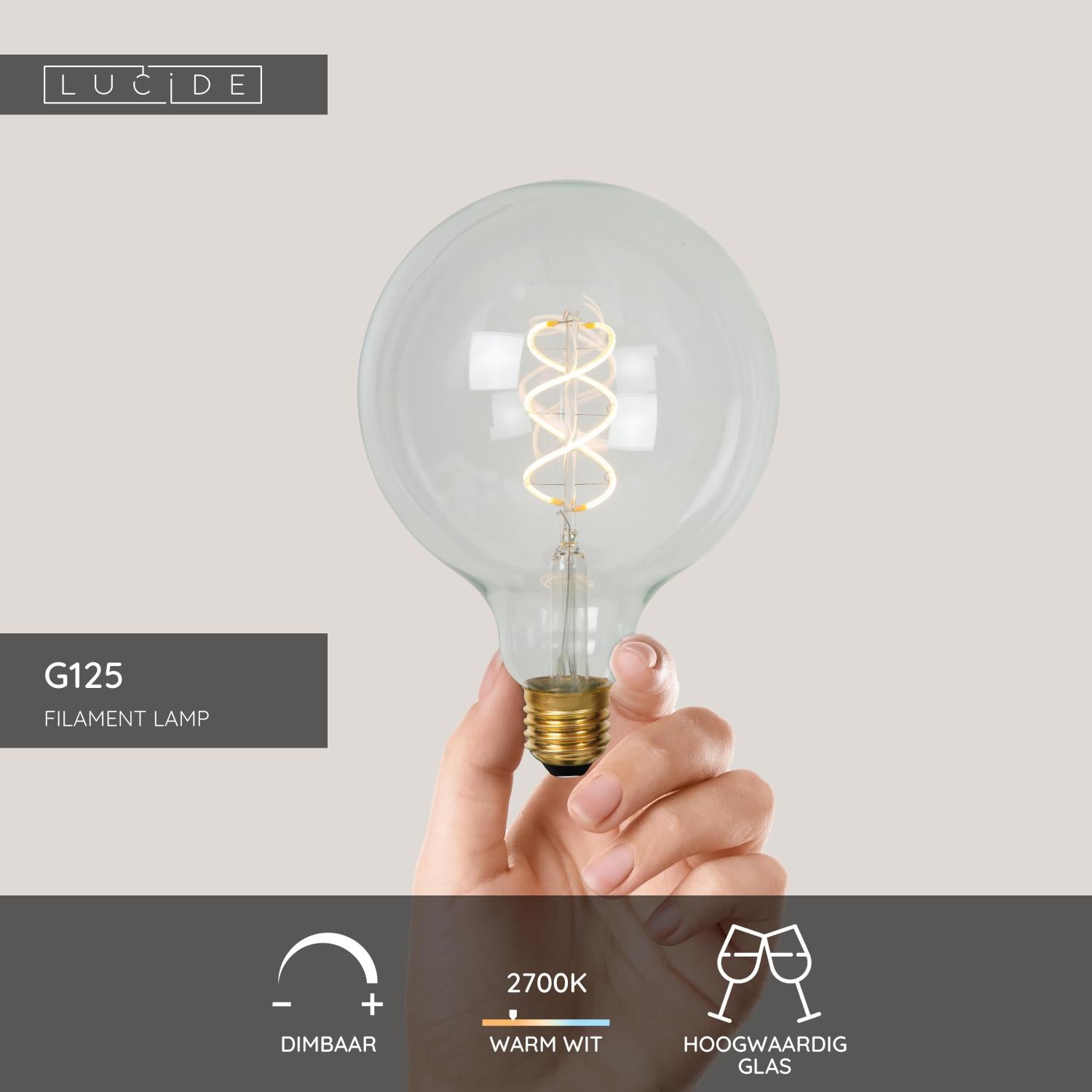 G125 - Filament lamp - Ø 12.5 cm - LED Dimmable - E27 - 1x4.9W 2700K - Transparent