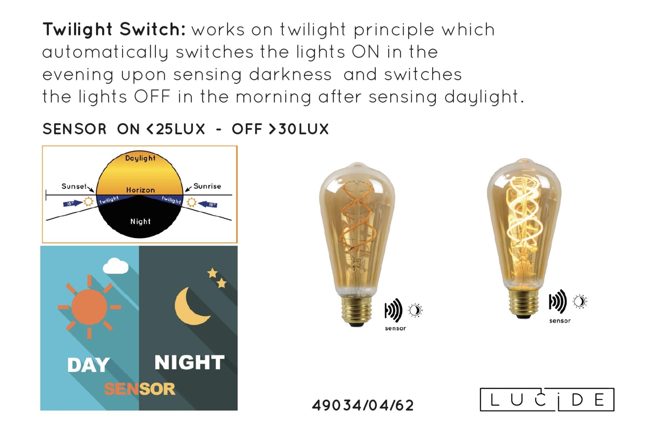 ST64 TWILIGHT SENSOR - Filament lamp - Ø 6.4 cm - LED - E27 - 1x4W 2200K - Day/night sensor - Amber