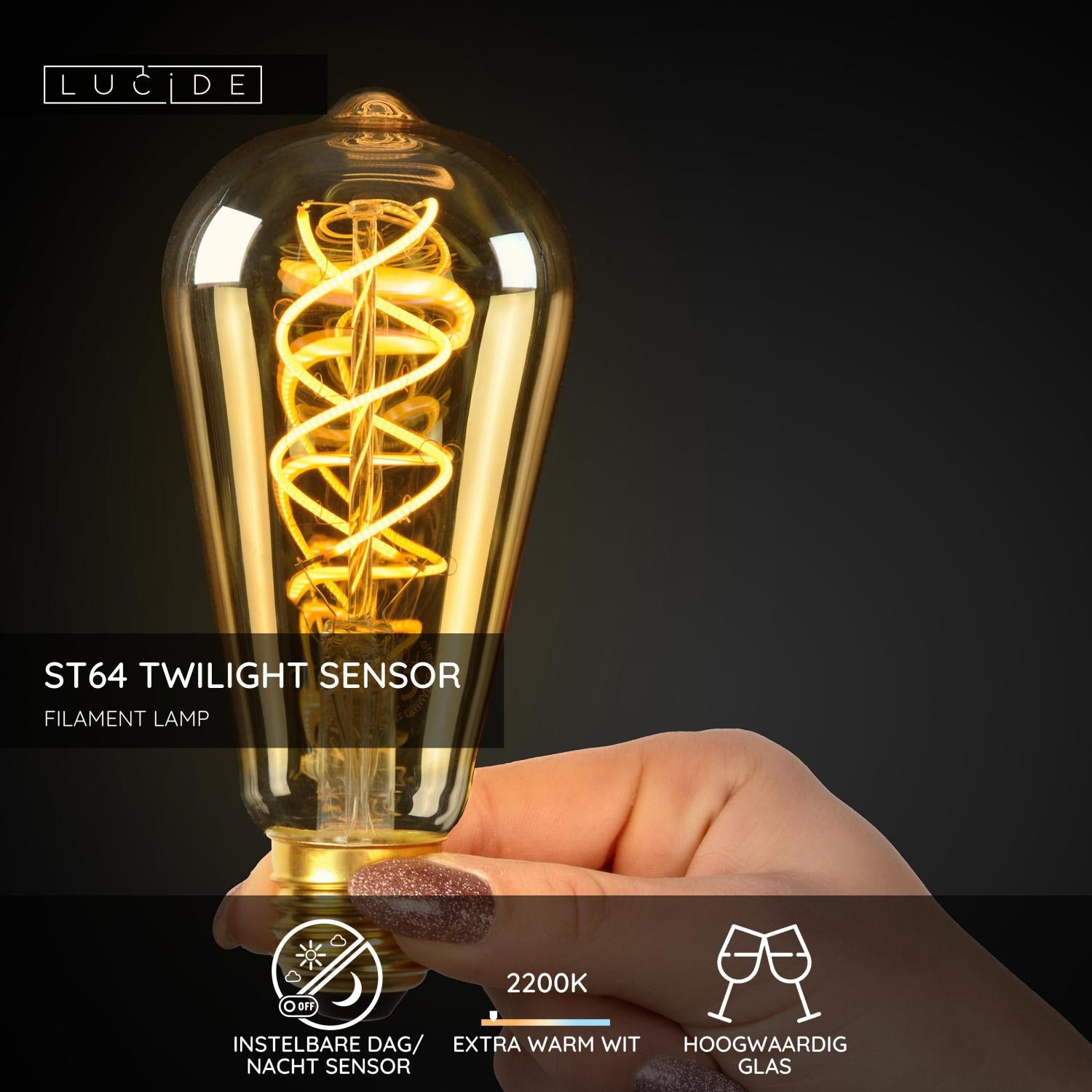 ST64 TWILIGHT SENSOR - Filament lamp - Ø 6.4 cm - LED - E27 - 1x4W 2200K - Day/night sensor - Amber