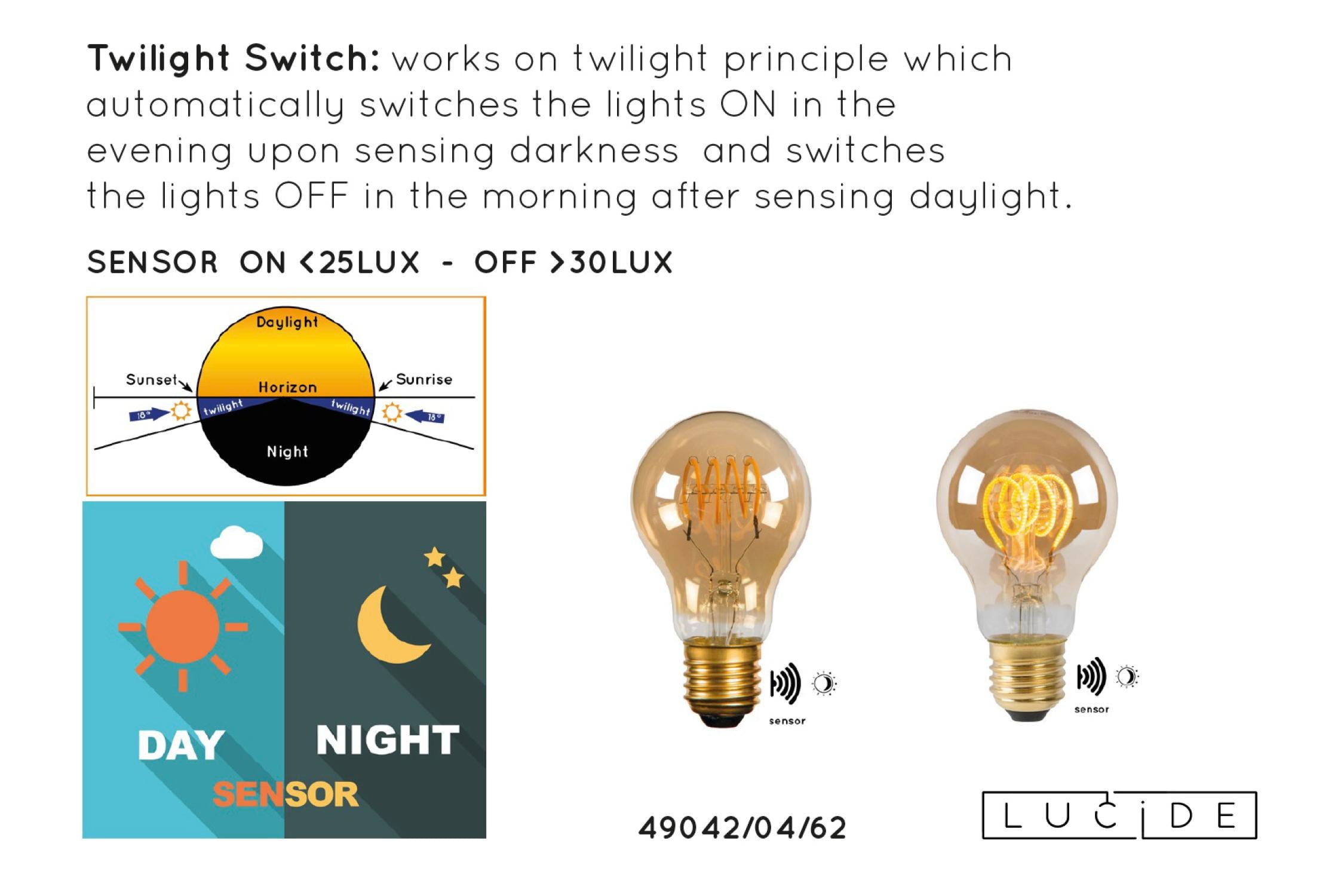 A60 TWILIGHT SENSOR - Filament lamp - Ø 6 cm - LED - E27 - 1x4W 2200K - Dag/nacht sensor - Amber