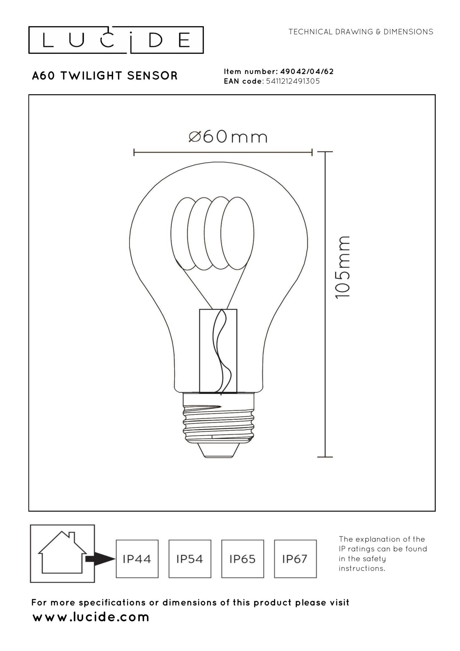 A60 TWILIGHT SENSOR - Filament lamp - Ø 6 cm - LED - E27 - 1x4W 2200K - Dag/nacht sensor - Amber