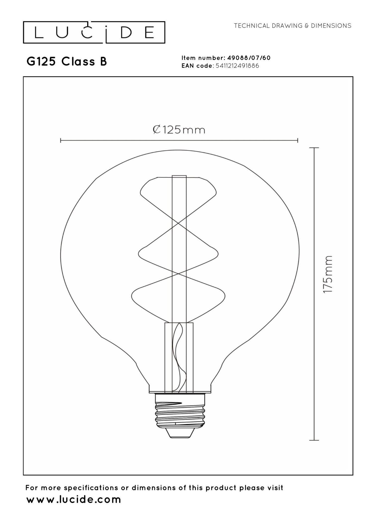 G125 Class B - Filament lamp - Ø 12,5 cm - LED Dimb. - E27 - 1x7W 2700K - Transparant