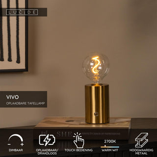 VIVO - Rechargeable table lamp - Battery - Ø 8 cm - LED Dimmable - E27 - 1x1W 2700K - Matt Gold / Brass