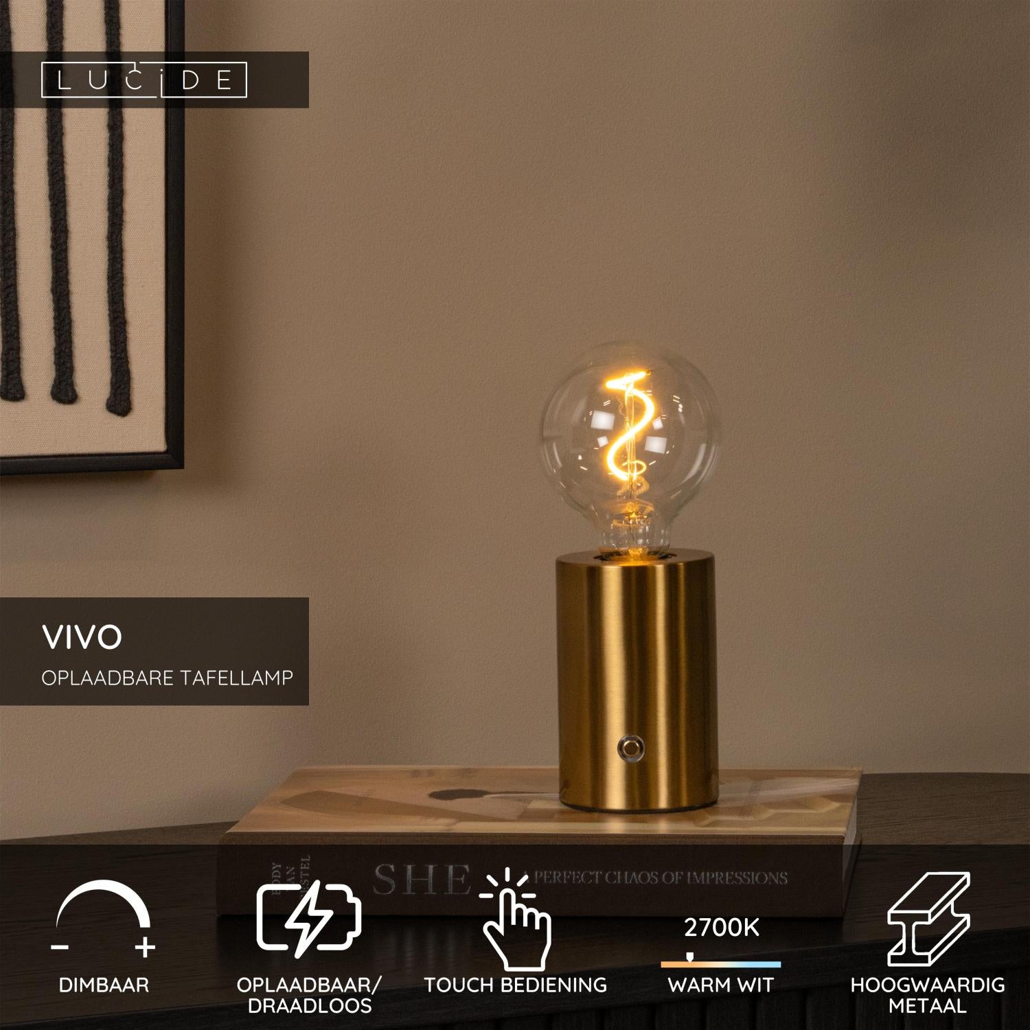 VIVO - Rechargeable table lamp - Battery - Ø 8 cm - LED Dimmable - E27 - 1x1W 2700K - Matt Gold / Brass