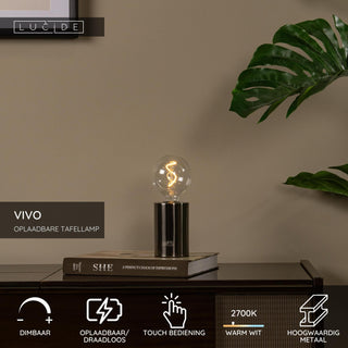 VIVO - Rechargeable table lamp - Battery - Ø 8 cm - LED Dimmable - E27 - 1x1W 2700K - Mat zwart chroom