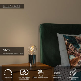 VIVO - Oplaadbare Tafellamp - Accu/Batterij - Ø 8 cm - LED Dimb. - E27 - 1x1W 2700K - Chroom