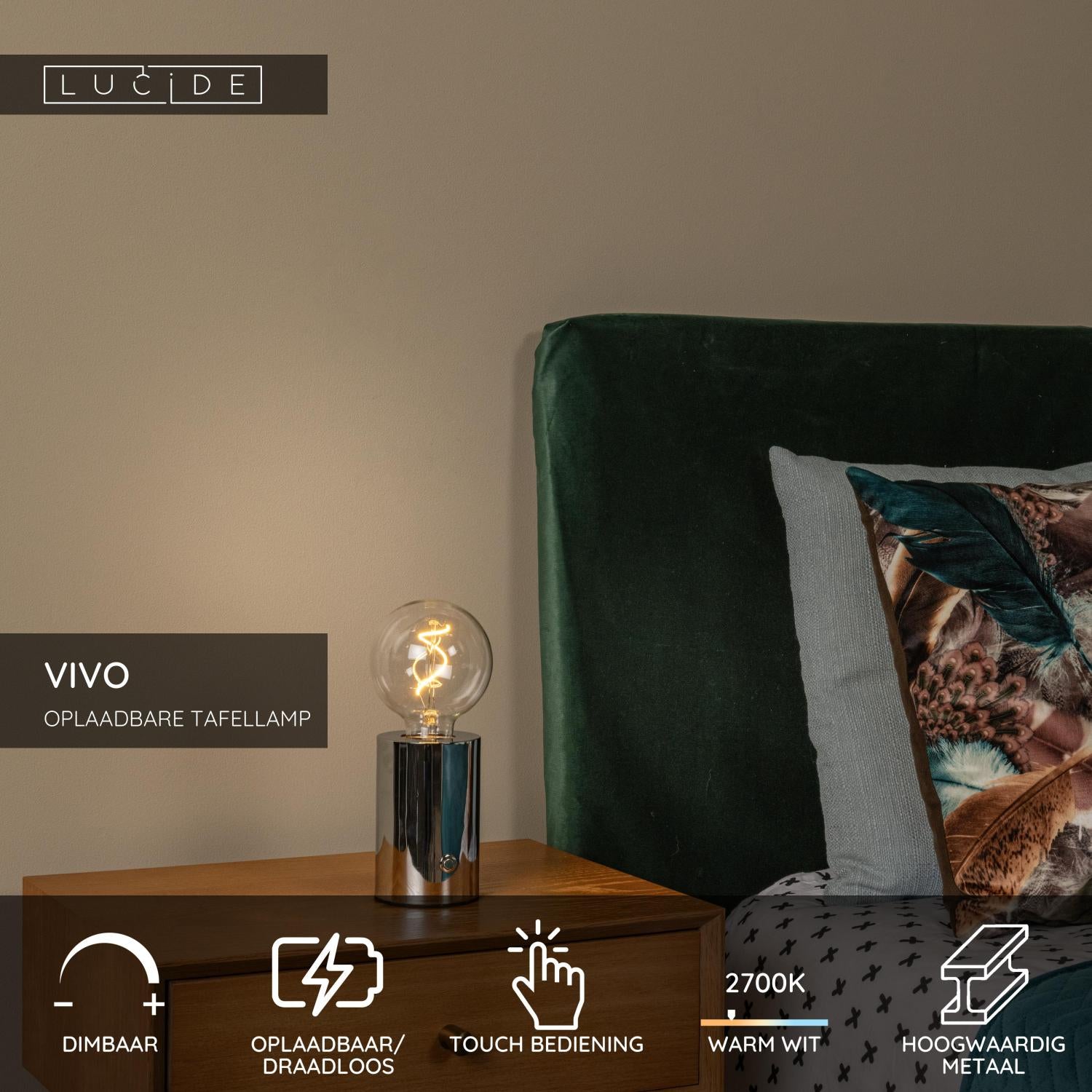 VIVO - Oplaadbare Tafellamp - Accu/Batterij - Ø 8 cm - LED Dimb. - E27 - 1x1W 2700K - Chroom