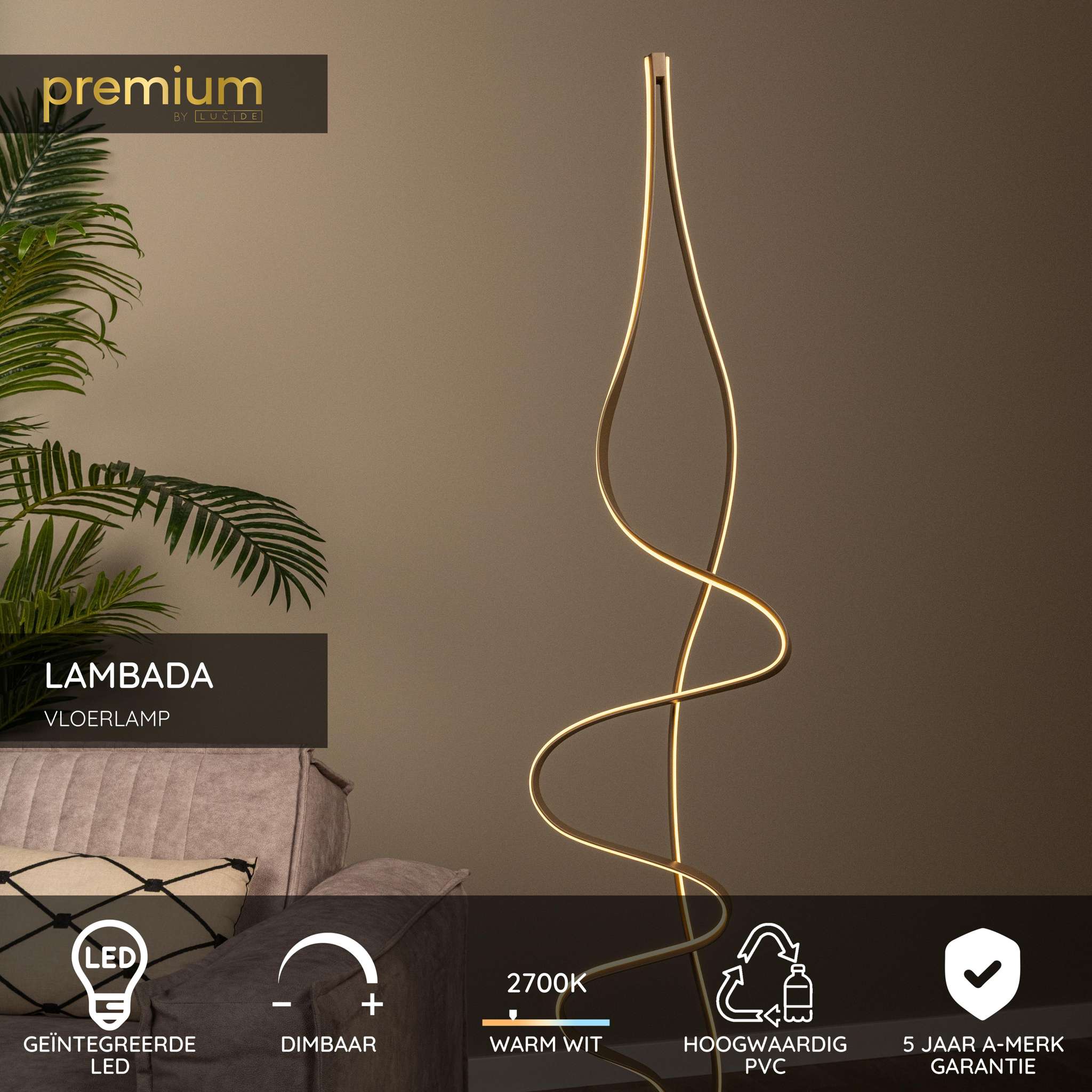 LAMBADA Vloerlamp-Mat Go.-LED Dimb.-38W-2700K-PVC