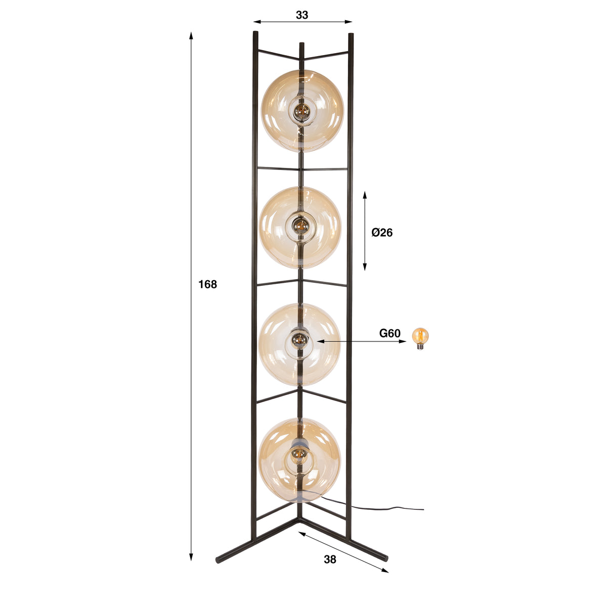 Lampadaire Soll verre ambré - 4 lumières, hauteur 168 cm
