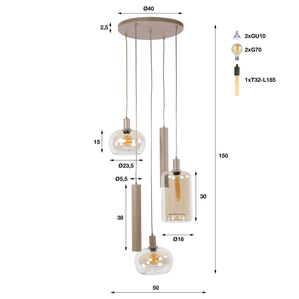 Pendant lamp Serene tiered beige - 5-light, diameter 50 cm