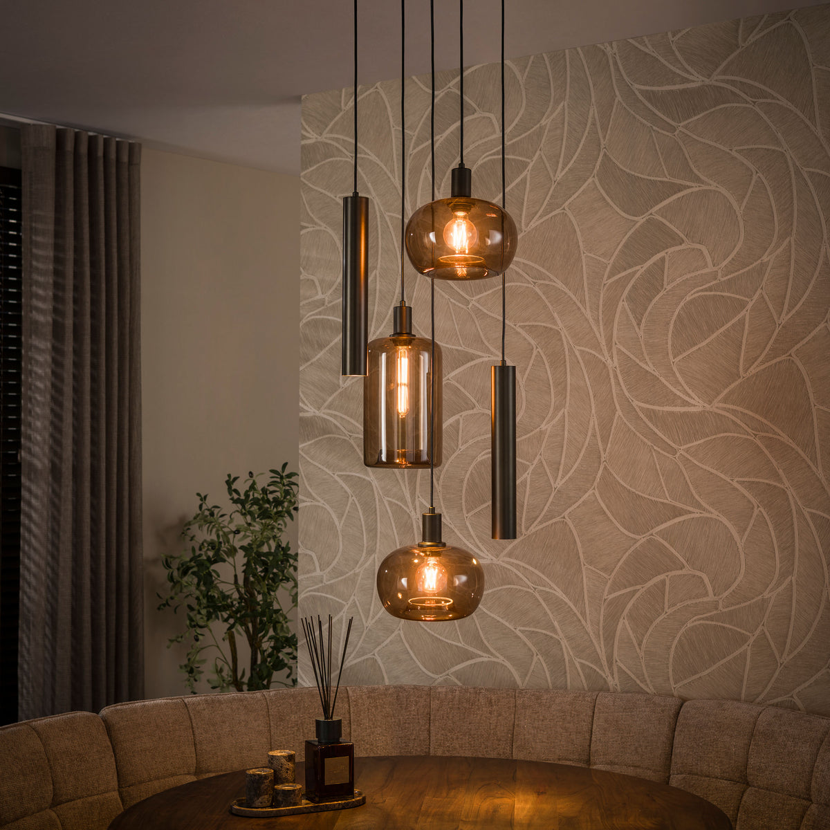 Pendant lamp Serene tiered sienna brown - 5-light, diameter 50 cm