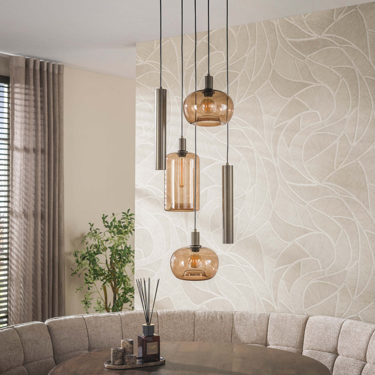 Pendant lamp Serene tiered sienna brown - 5-light, diameter 50 cm