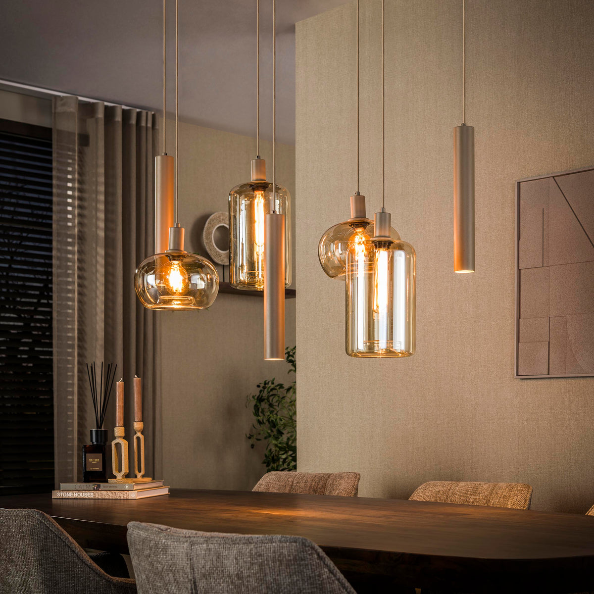 Pendant lamp Serene beige - 4+3-light, 110 cm wide