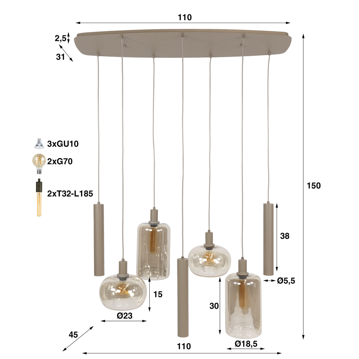 Hanglamp Serene beige - 4+3-lichts, 110 cm breed