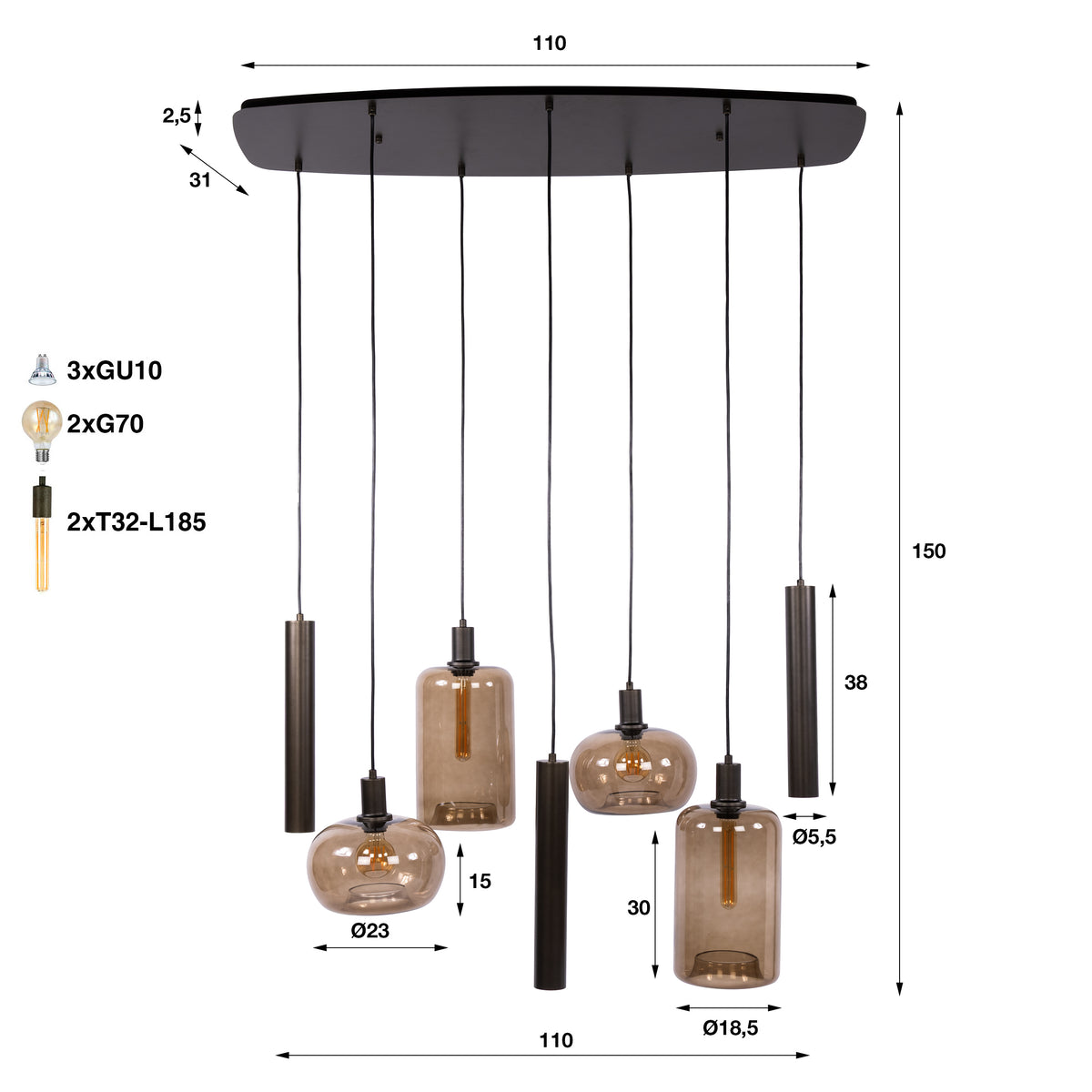 Suspension Serene brun sienna - 4+3 lumières, largeur 110 cm