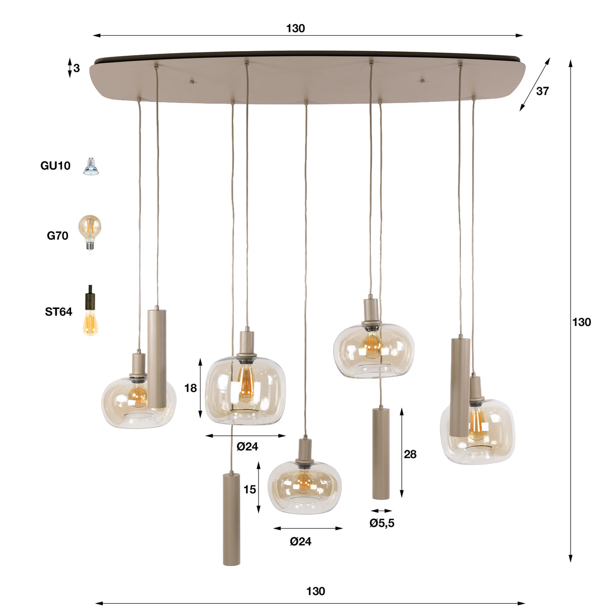 Hanglamp Serene beige - 5+4-lichts, 130 cm breed