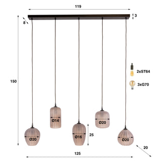 Suspension Altura brun sienna givré - 5 lumières, largeur 125 cm
