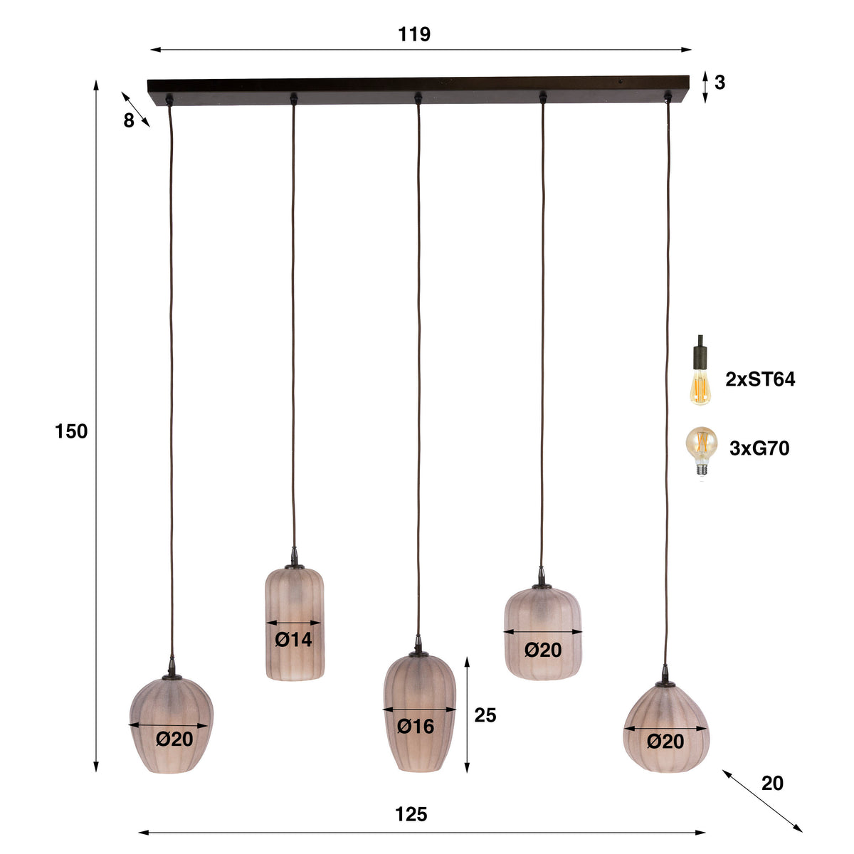 Suspension Altura brun sienna givré - 5 lumières, largeur 125 cm