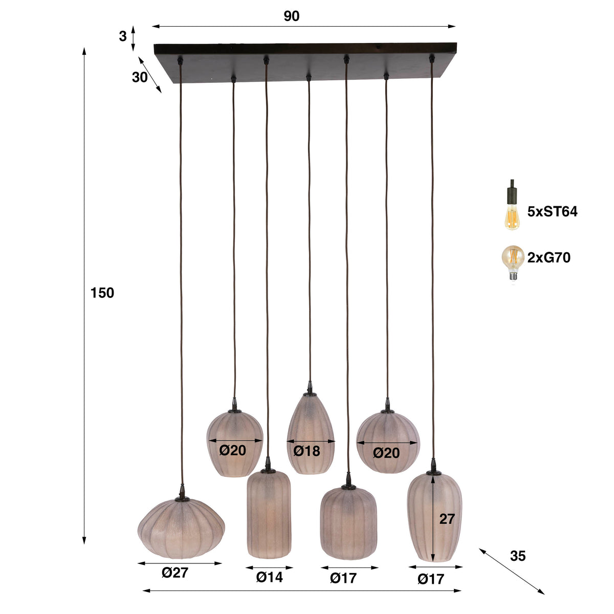 Hanglamp Altura sienna bruin frosted - 4+3-lichts, 96 cm breed