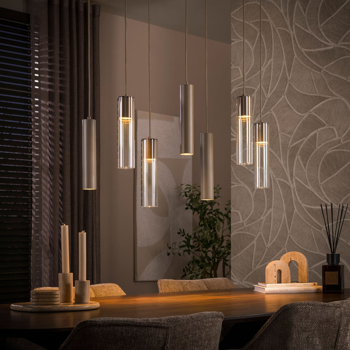 Pendant lamp Lungo beige - 4+3-light, 84 cm wide