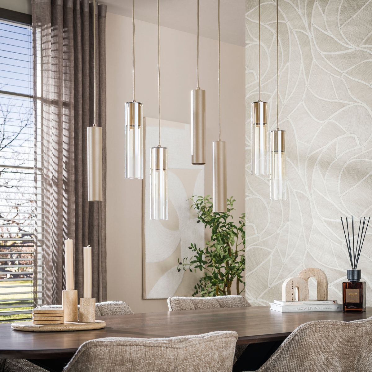 Pendant lamp Lungo beige - 4+3-light, 84 cm wide