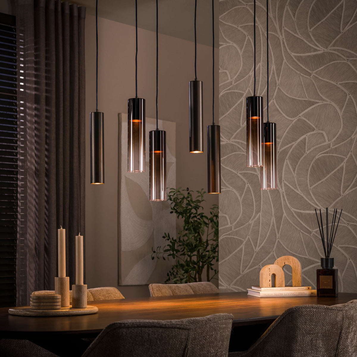 Hanglamp Lungo sienna bruin - 4+3-lichts, 84 cm breed