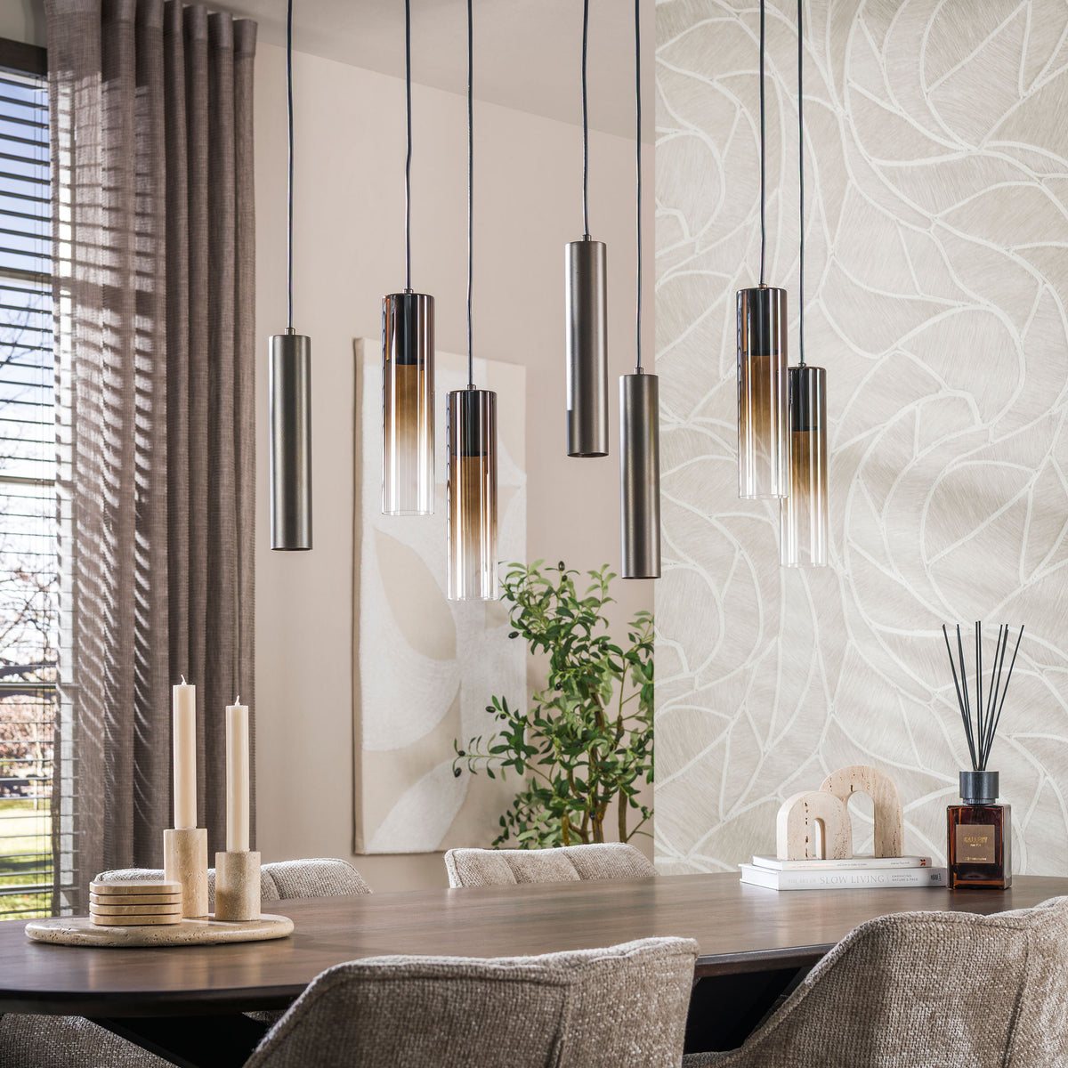 Hanglamp Lungo sienna bruin - 4+3-lichts, 84 cm breed