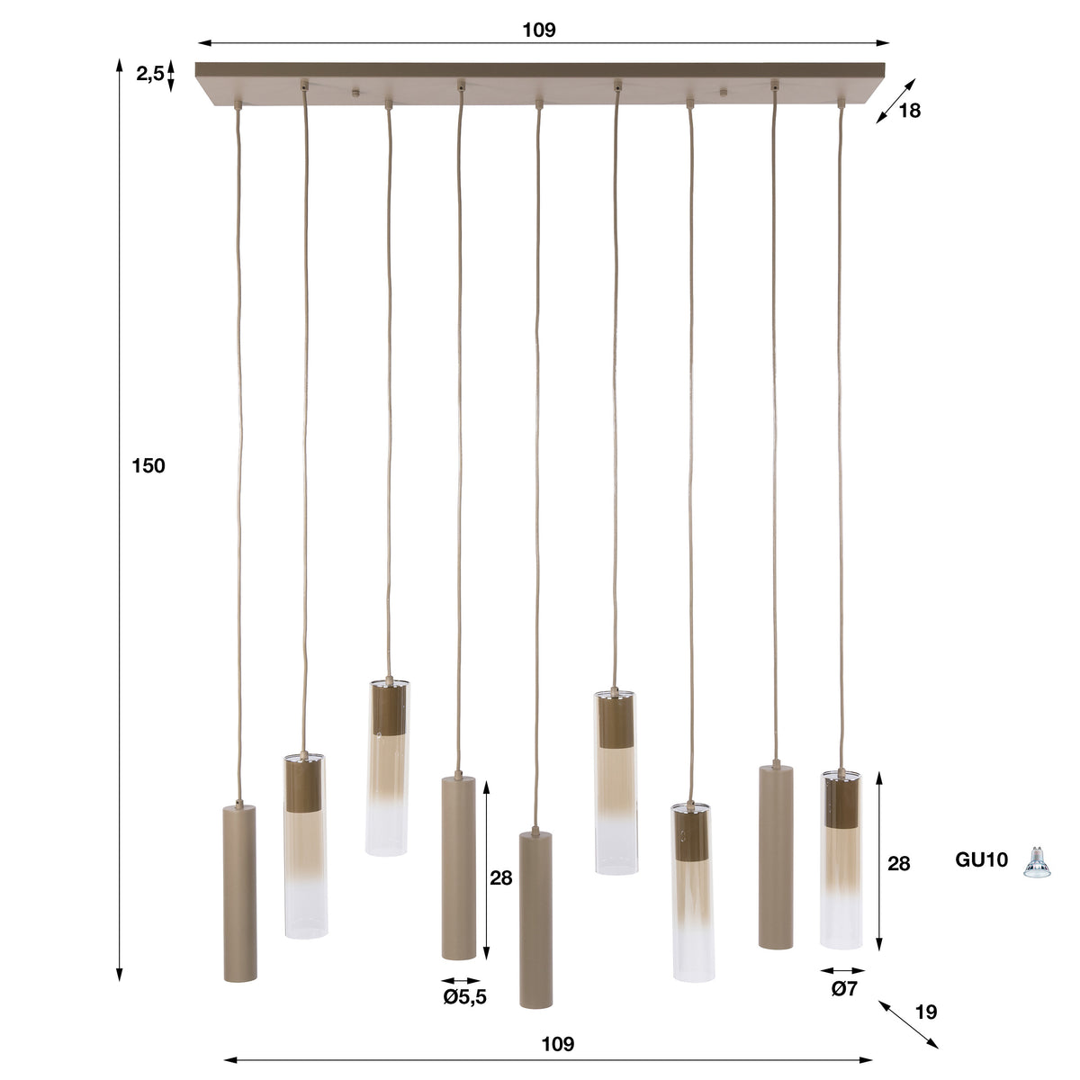 Hanglamp Lungo beige - 5+4-lichts, 109 cm breed
