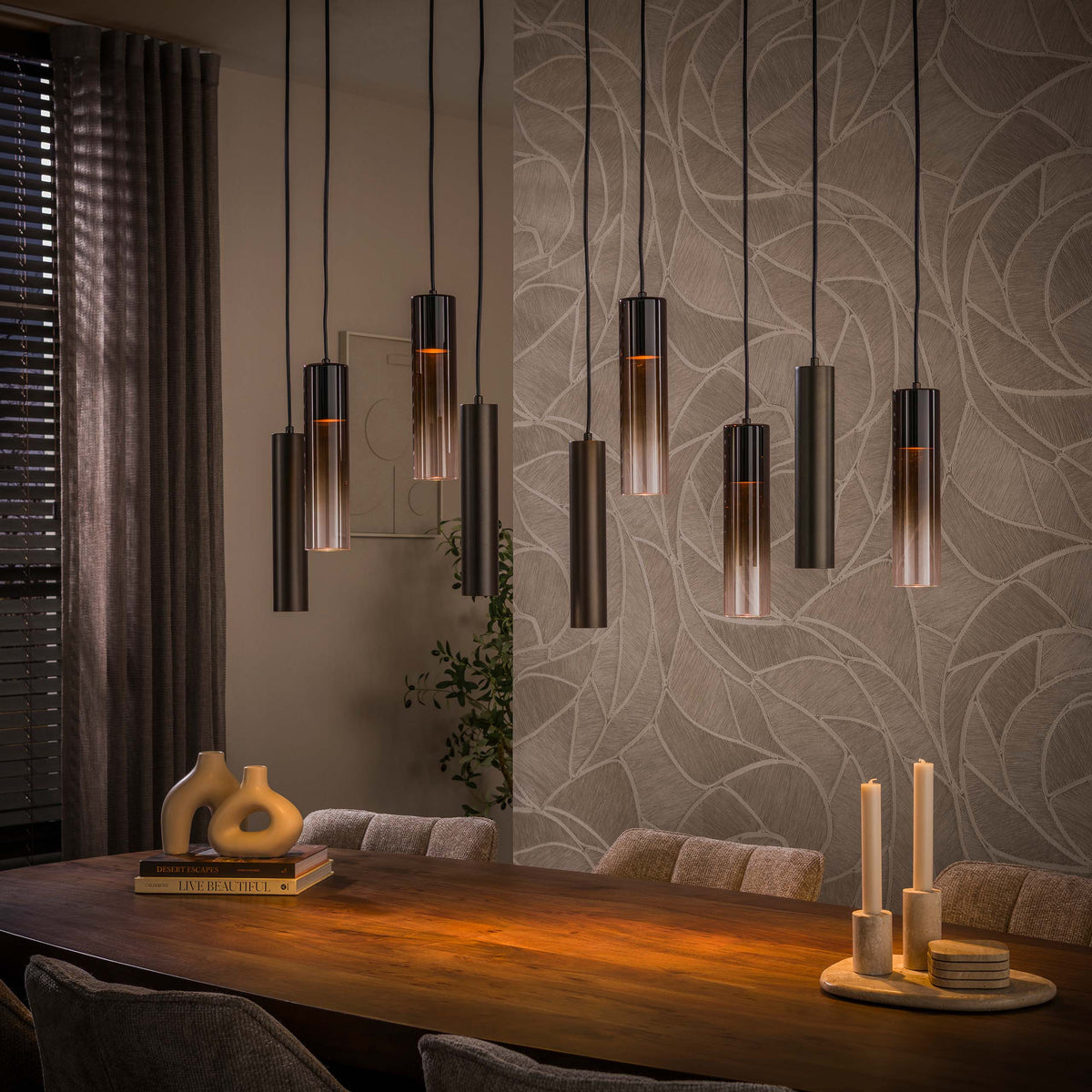Hanglamp Lungo sienna bruin - 5+4-lichts, 109 cm breed