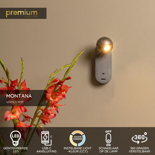 MONTANA - Wandlamp - LED - CCT - 1x6,3W 2700K/4000K - Met USB oplaadpunt - Grijs ijzer