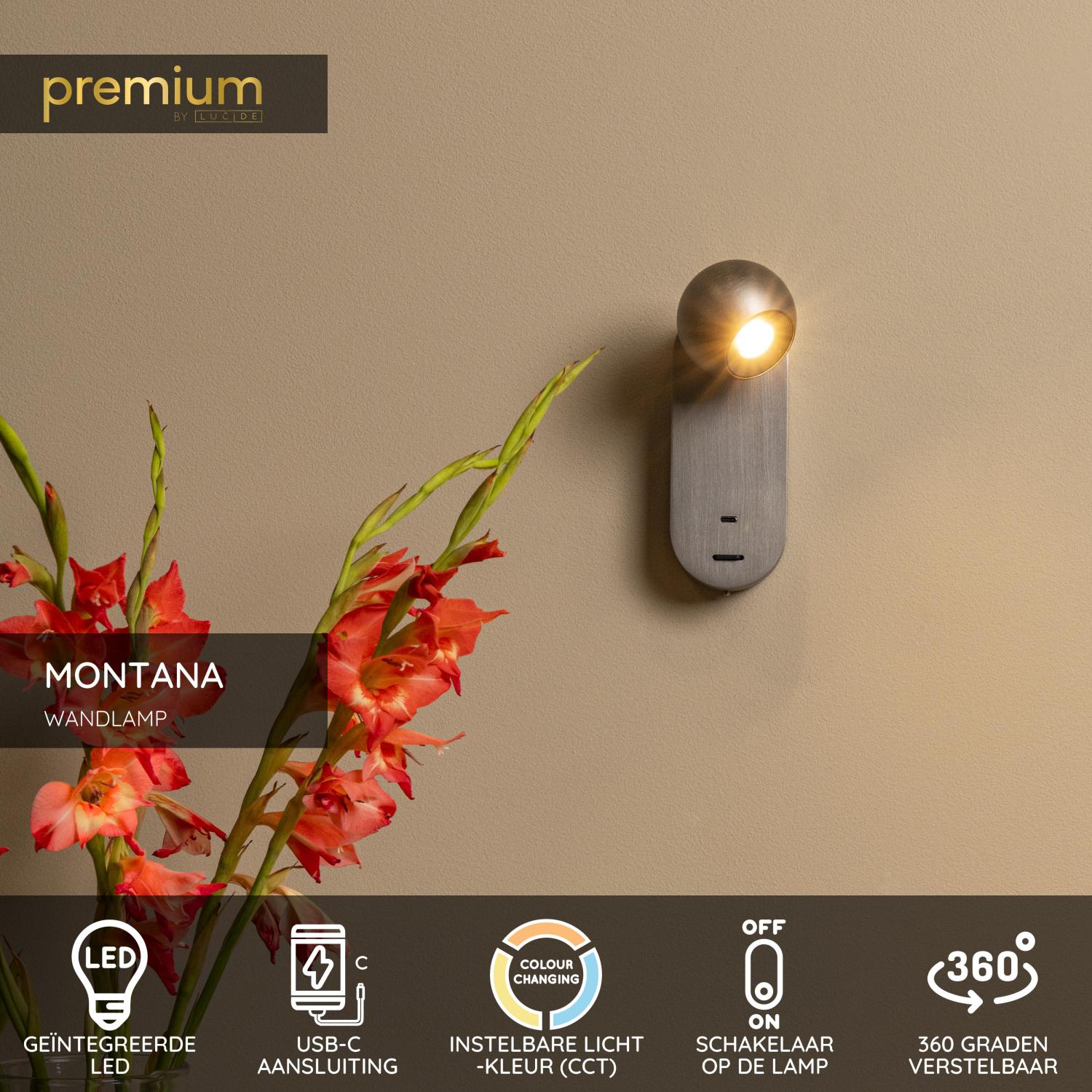 MONTANA - Wandlamp - LED - CCT - 1x6,3W 2700K/4000K - Met USB oplaadpunt - Grijs ijzer