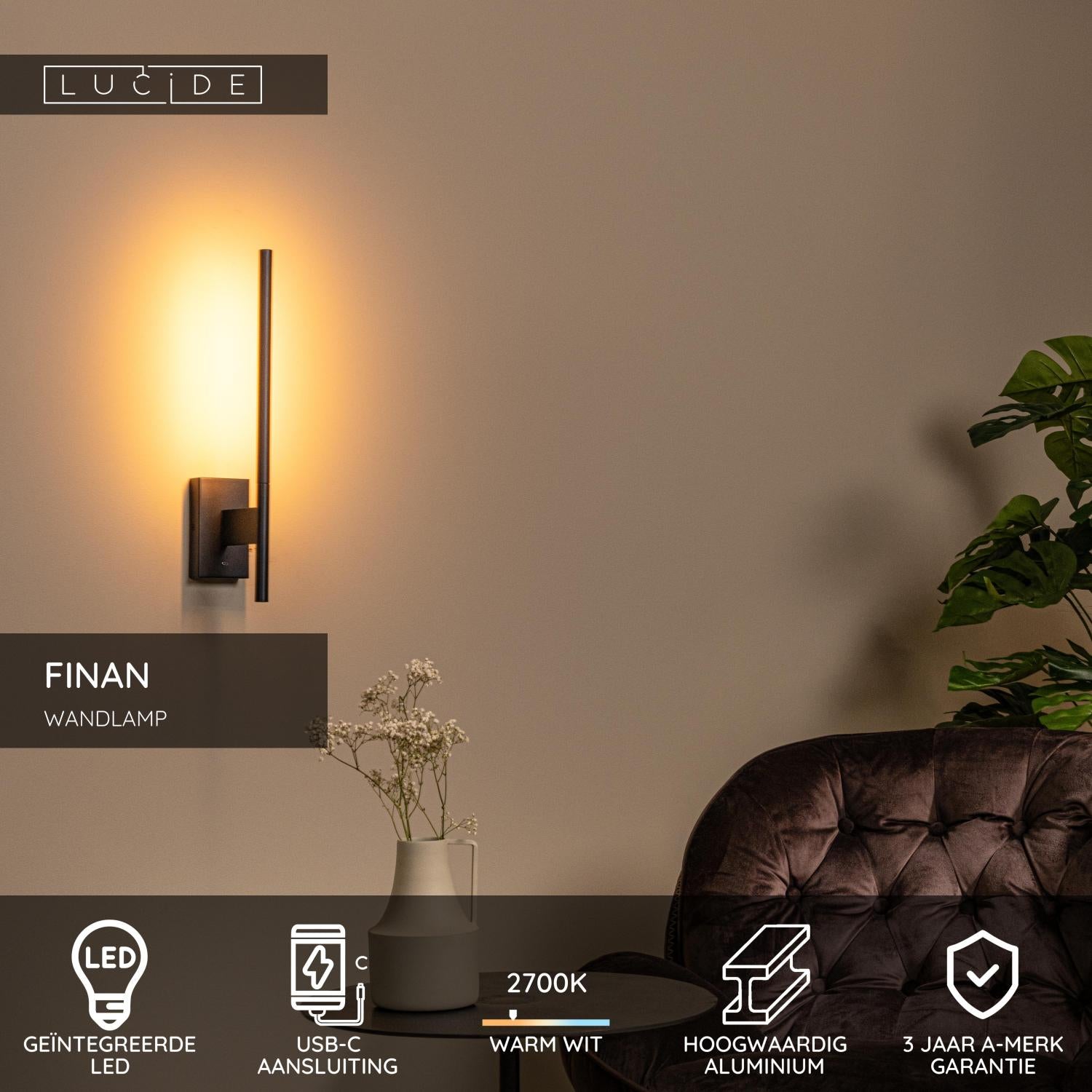 FINAN - Wandlamp - LED - 1x6W 2700K - Met USB oplaadpunt - Zwart